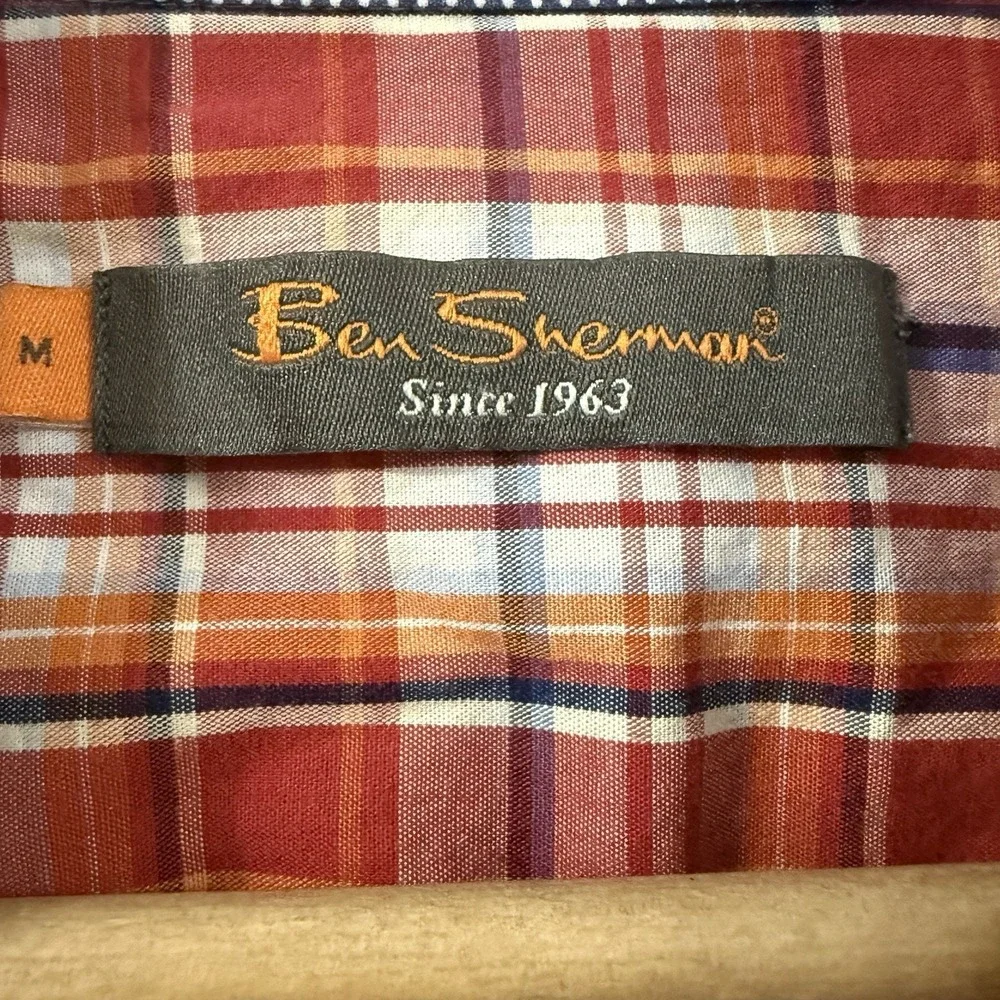Ben Sherman Mens M Red Orange Blue Plaid Short‎ Sleeve Button-Up Shirt - Picture 4 of 8